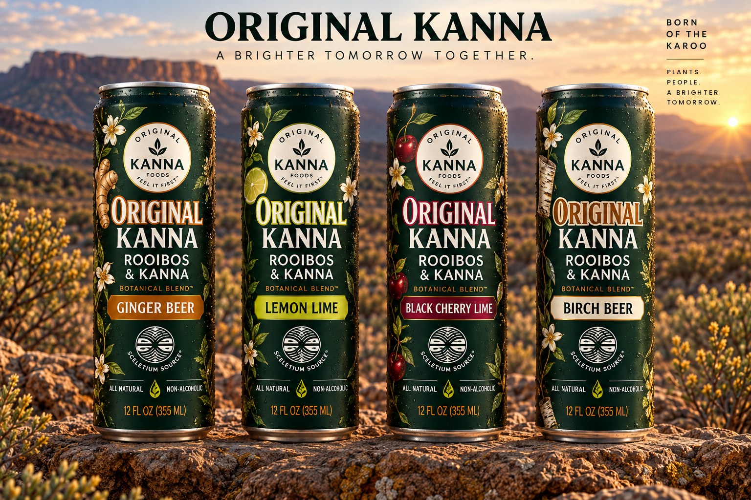 Original Kanna — Ginger Beer, Lemon Lime, Black Cherry Lime and Birch Beer cans in the Karoo
