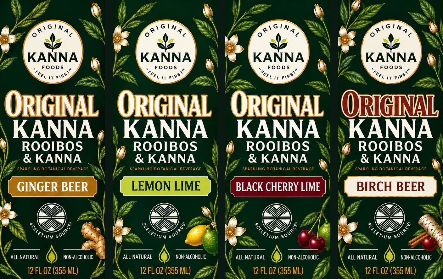 Original Kanna labels — Ginger Beer, Lemon Lime, Black Cherry Lime and Birch Beer